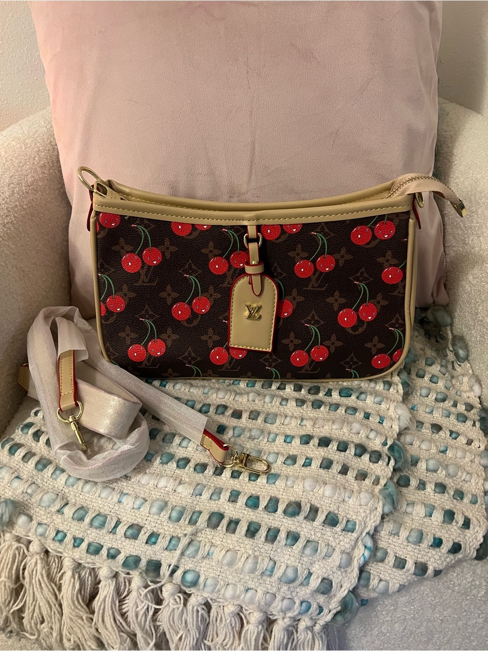 Brown Cherry-Print Crossbody Bag with Cream Trim